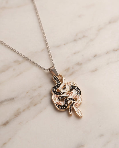 Gold Floral Serpent Enamel Pendant Necklace