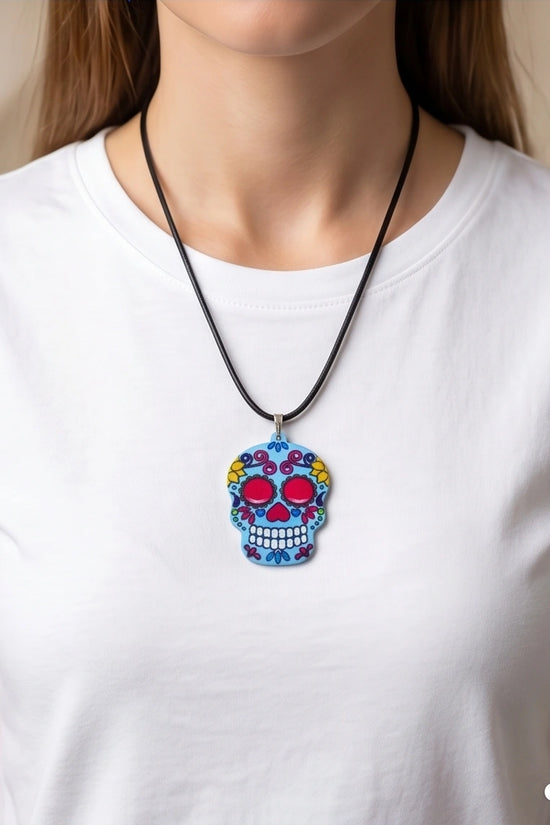 Vibrant Light Blue Sugar Skull Día de los Muertos Pendant Necklace