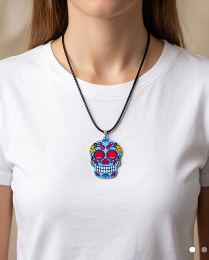 Vibrant Light Blue Sugar Skull Día de los Muertos Pendant Necklace