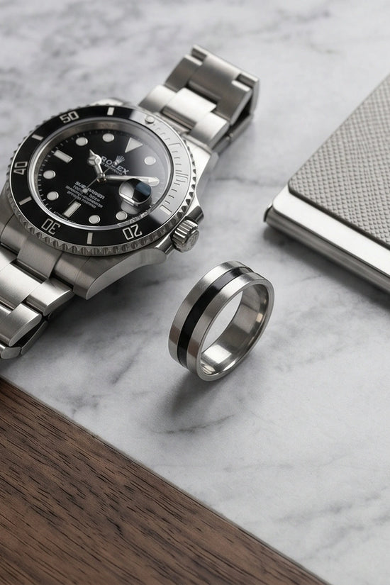 Minimalist Dual-Tone Silver and Black Band Ring