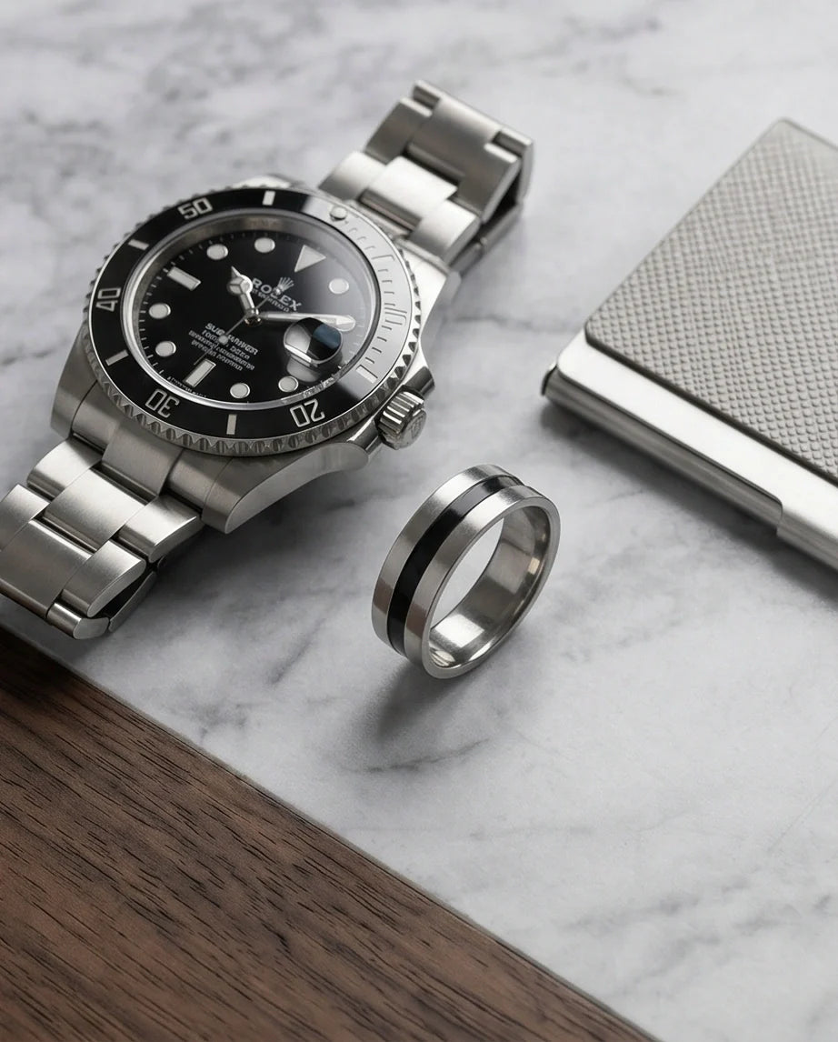 Minimalist Dual-Tone Silver and Black Band Ring