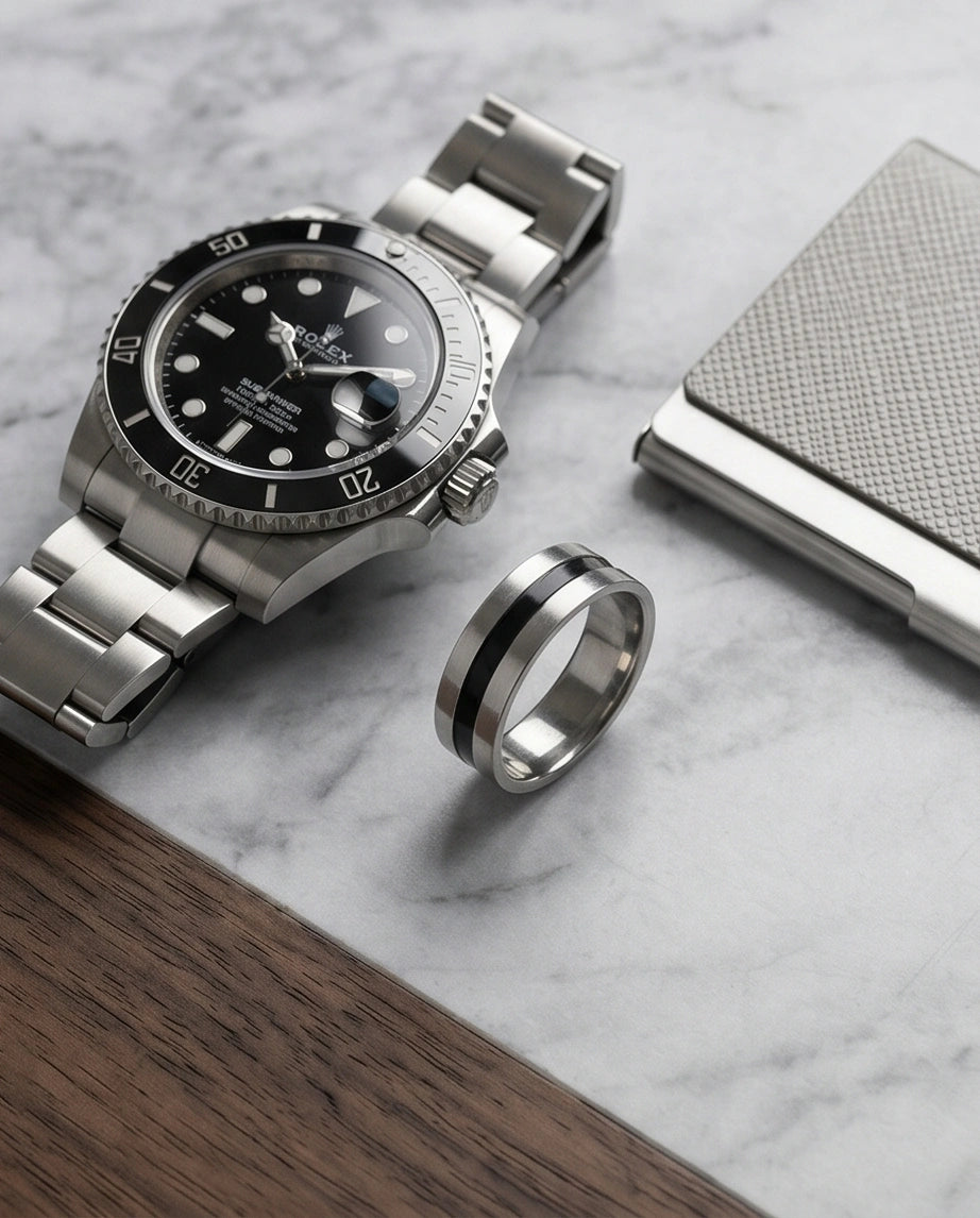 Minimalist Dual-Tone Silver and Black Band Ring