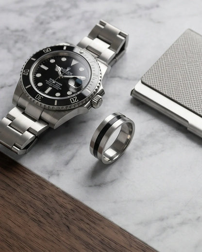 Minimalist Dual-Tone Silver and Black Band Ring