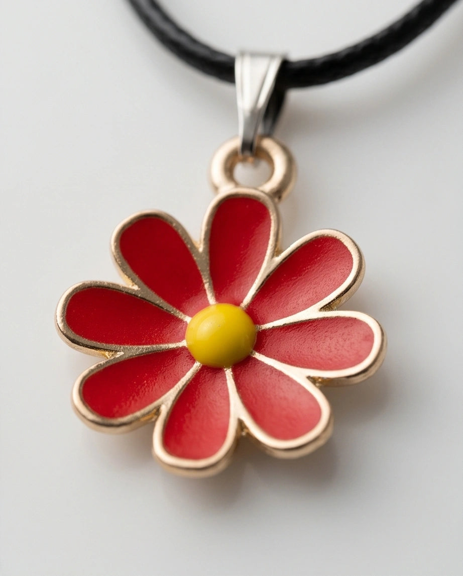 Gold and Red Daisy Pendant Necklace