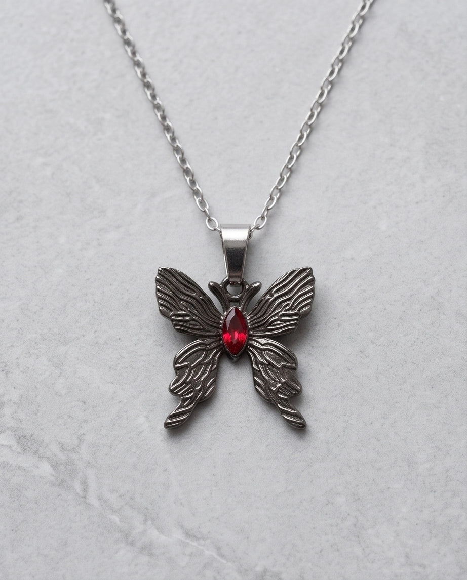 Black Textured Butterfly Red Gem Pendant Necklace