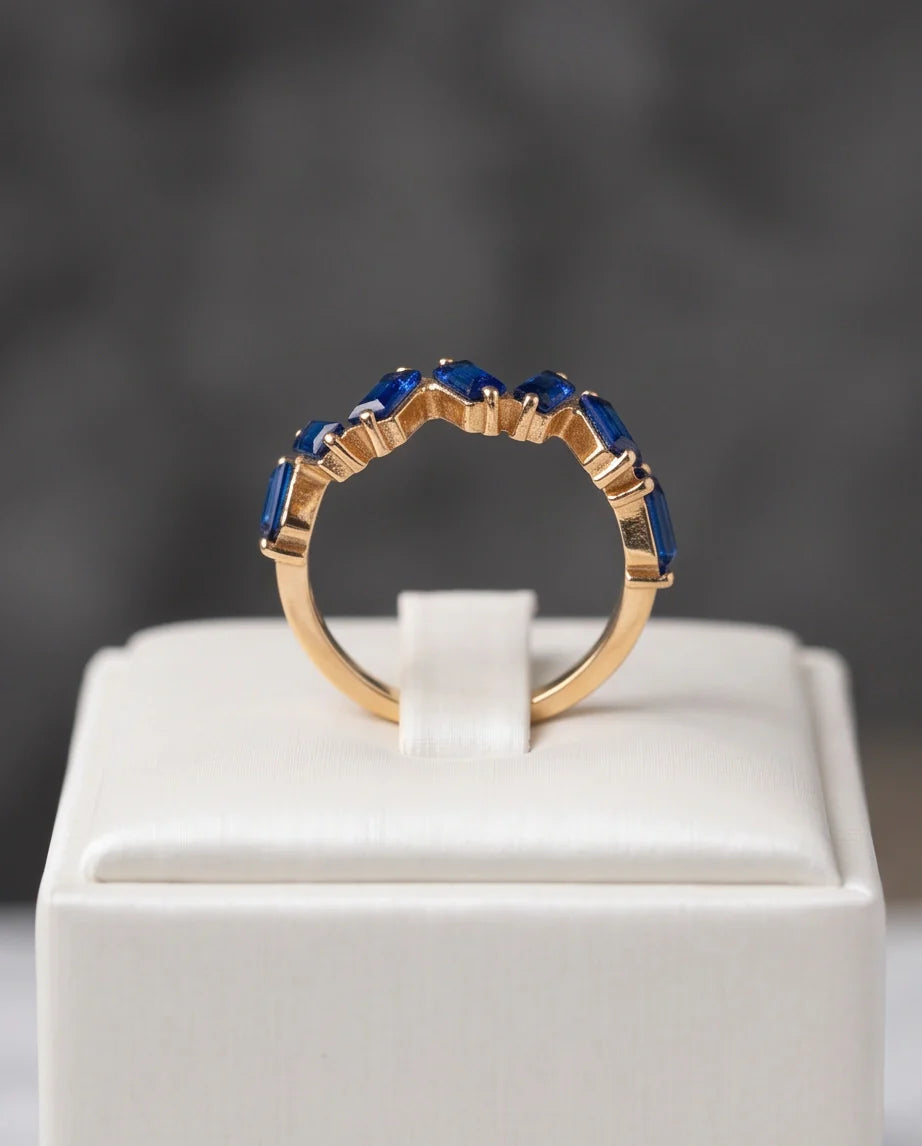 Gold Plated Blue Sapphire Baguette Zigzag Ring