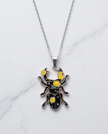 Gold Floral Stag Beetle Enamel Chain Necklace