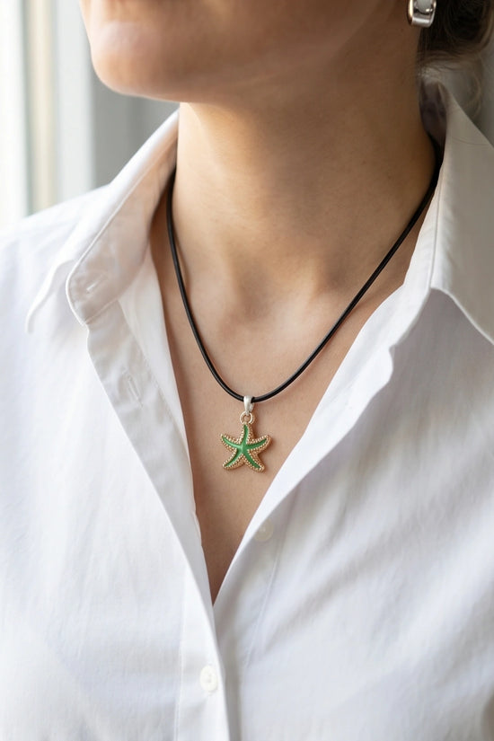 Gold and Textured Green Starfish Necklace
