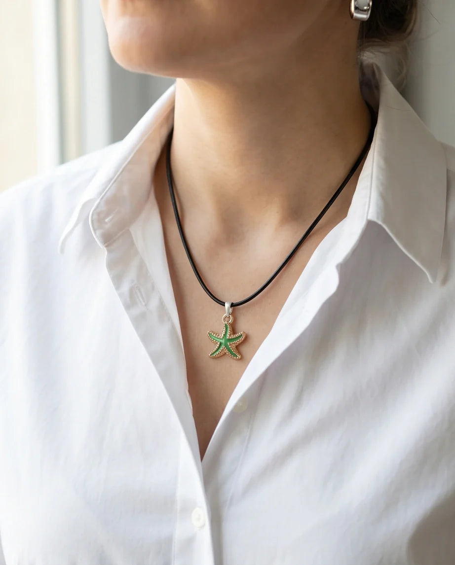 Gold and Textured Green Starfish Necklace