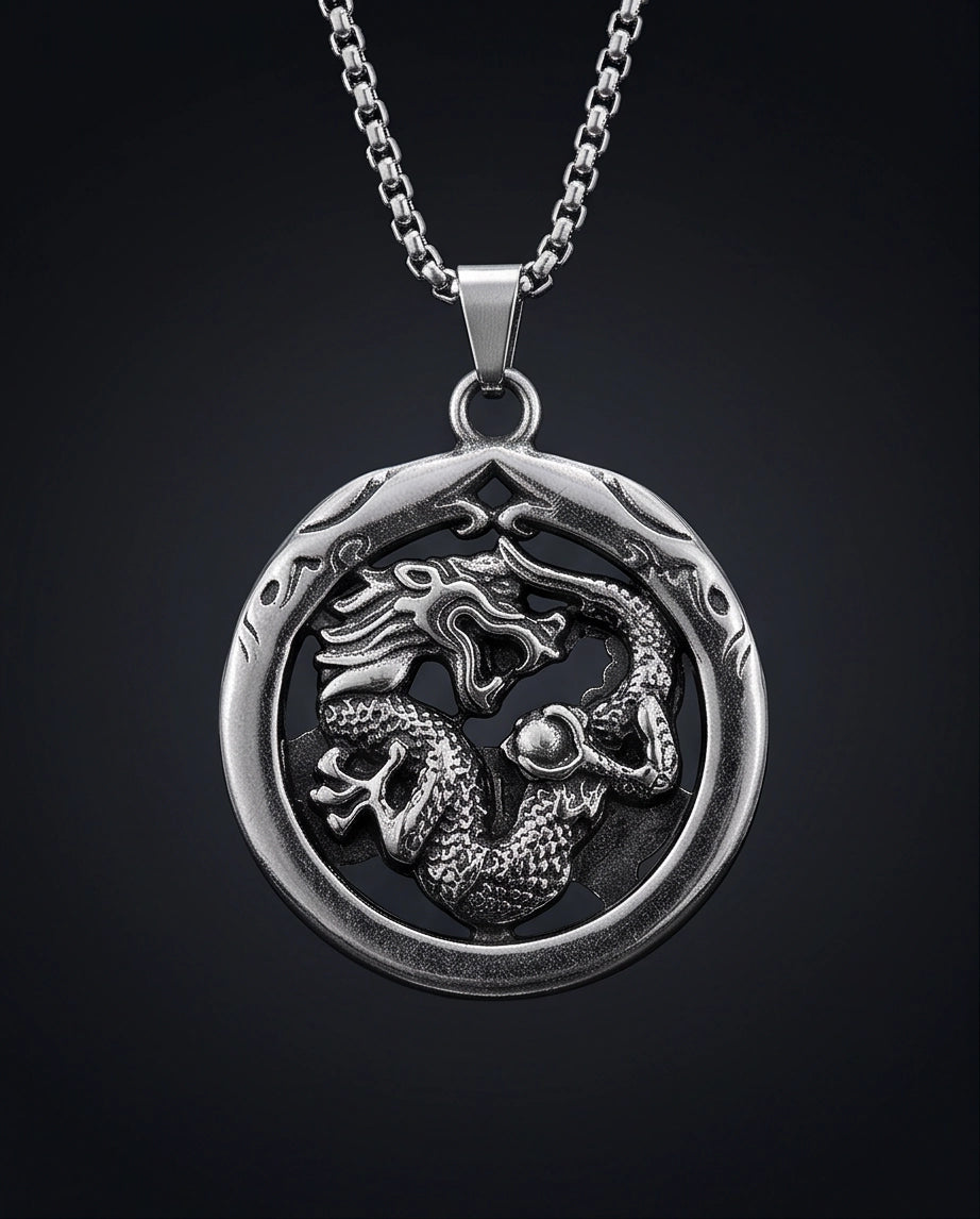 Silver Circular Dragon Medallion Pendant Necklace