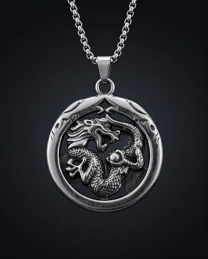 Silver Circular Dragon Medallion Pendant Necklace