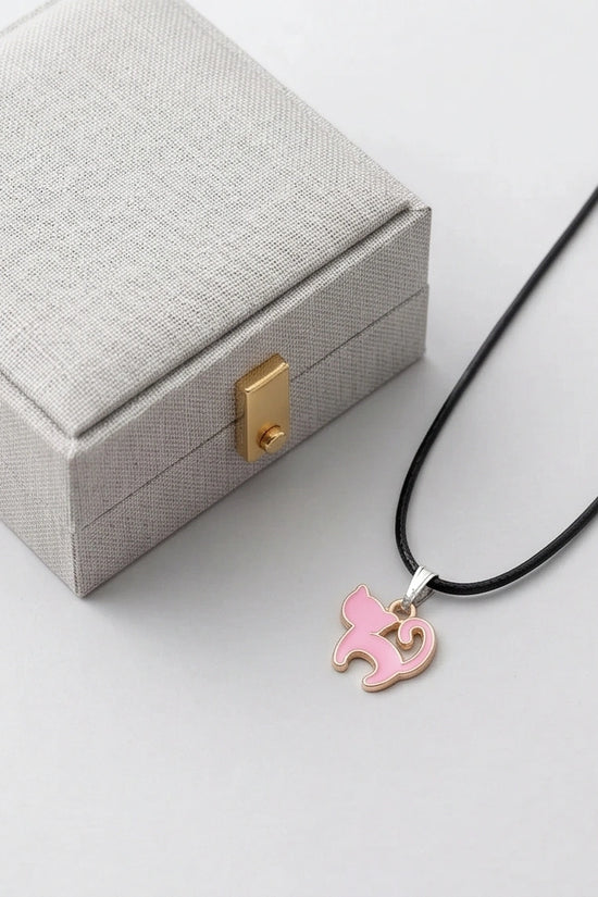 Playful Pink Cat Enamel Pendant Necklace