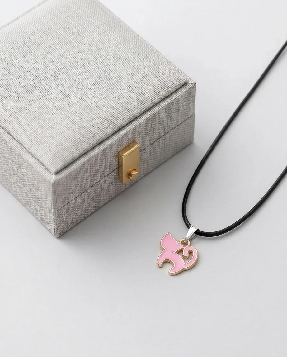 Playful Pink Cat Enamel Pendant Necklace