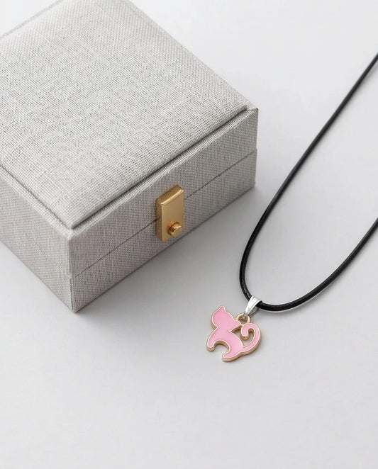 Playful Pink Cat Enamel Pendant Necklace