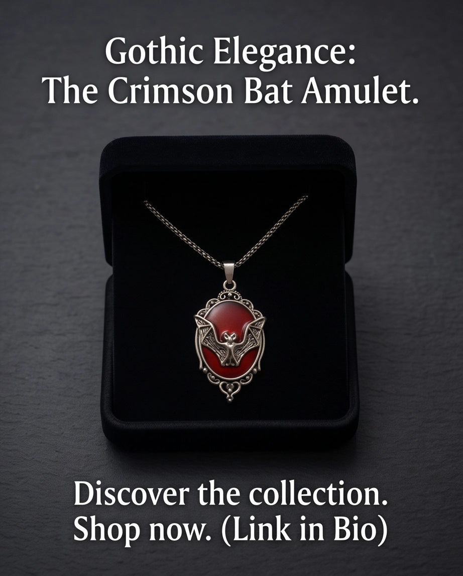 Antique Silver Gothic Bat Red Enamel Medallion Chain Necklace