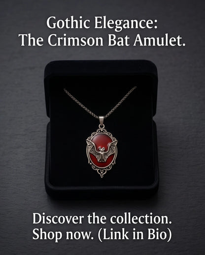 Antique Silver Gothic Bat Red Enamel Medallion Chain Necklace