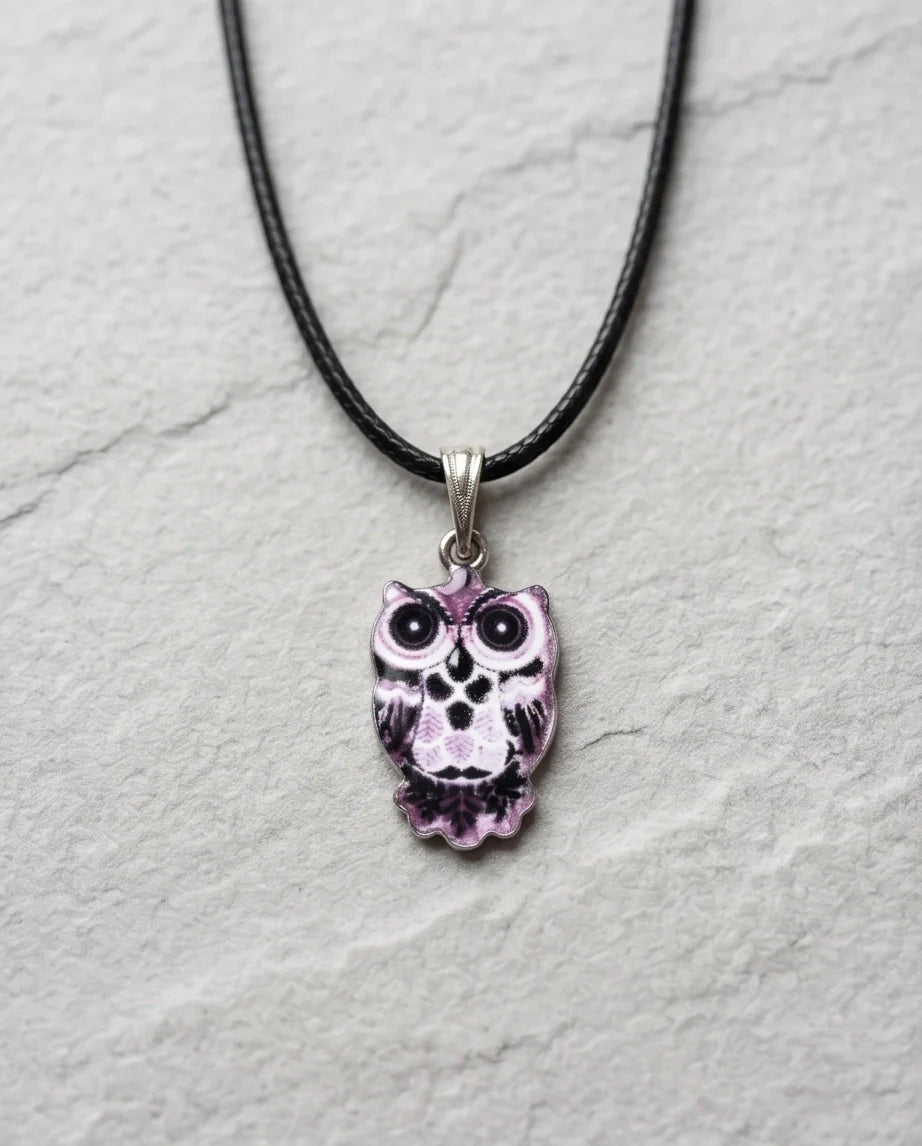 Mystical Purple Watercolor Owl Totem Pendant Necklace