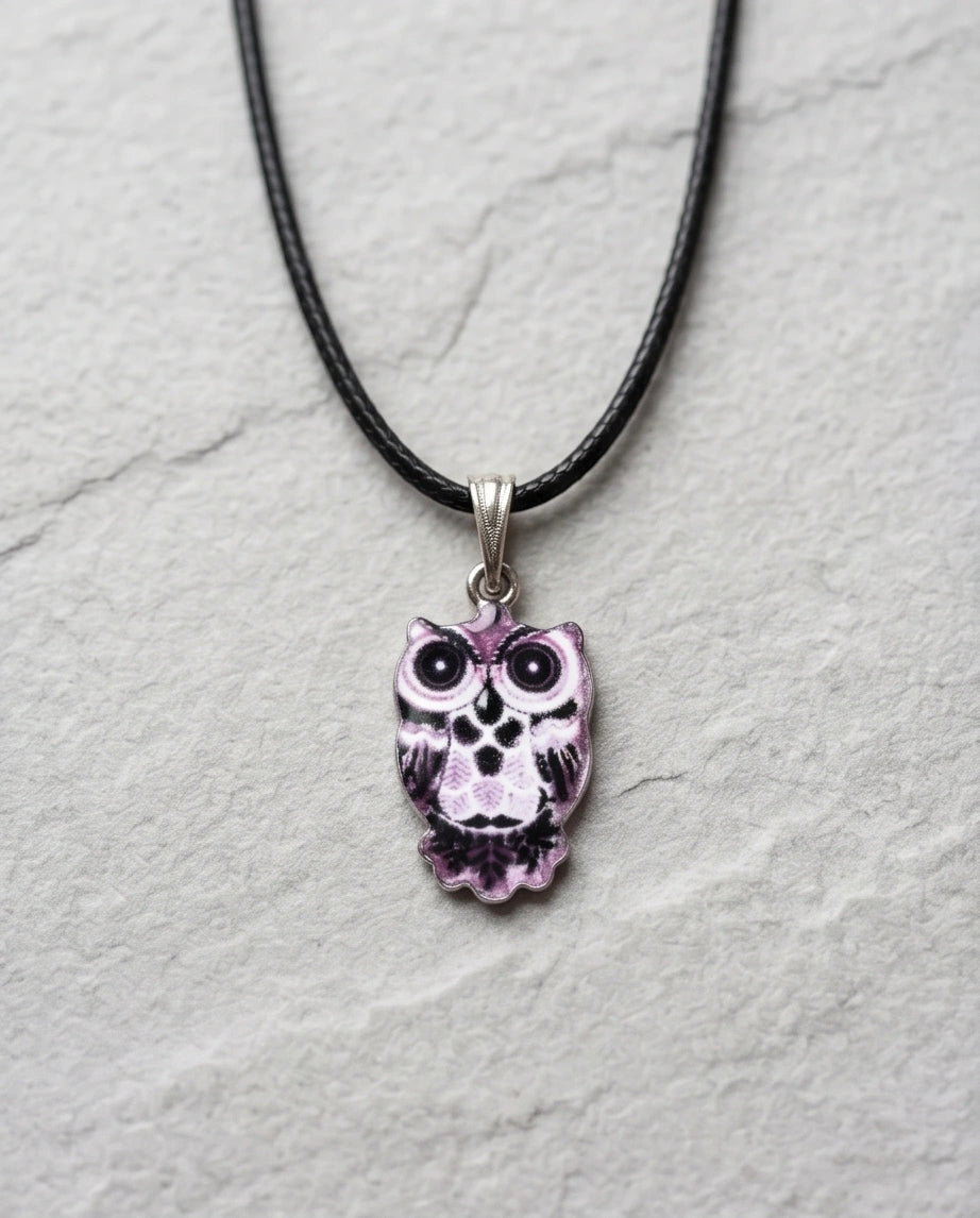 Mystical Purple Watercolor Owl Totem Pendant Necklace