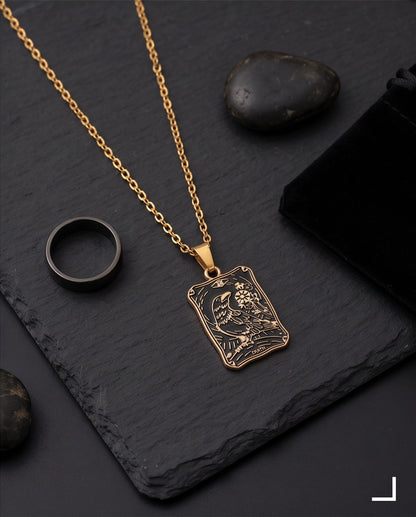 Gold "Death" Raven Tarot Card Pendant Necklace
