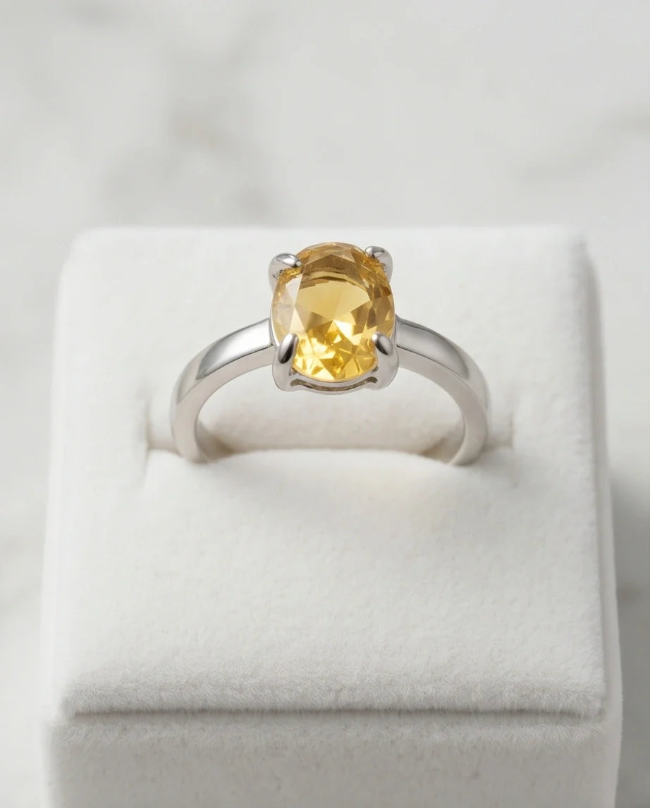 Sterling Silver Oval Yellow Citrine Solitaire Ring