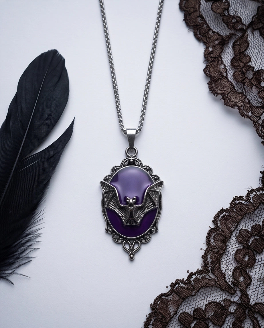 Antique Silver Gothic Bat Purple Enamel Medallion Chain Necklace