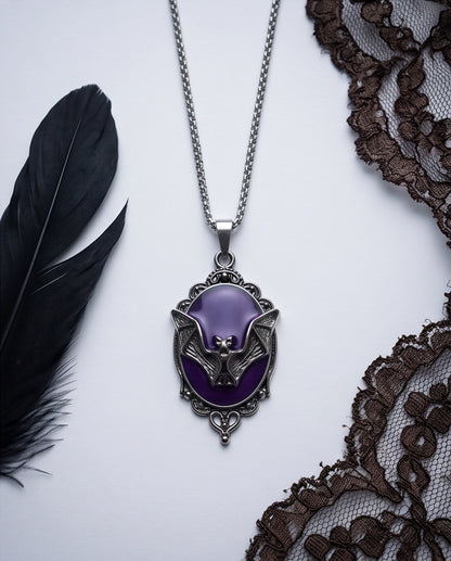 Antique Silver Gothic Bat Purple Enamel Medallion Chain Necklace