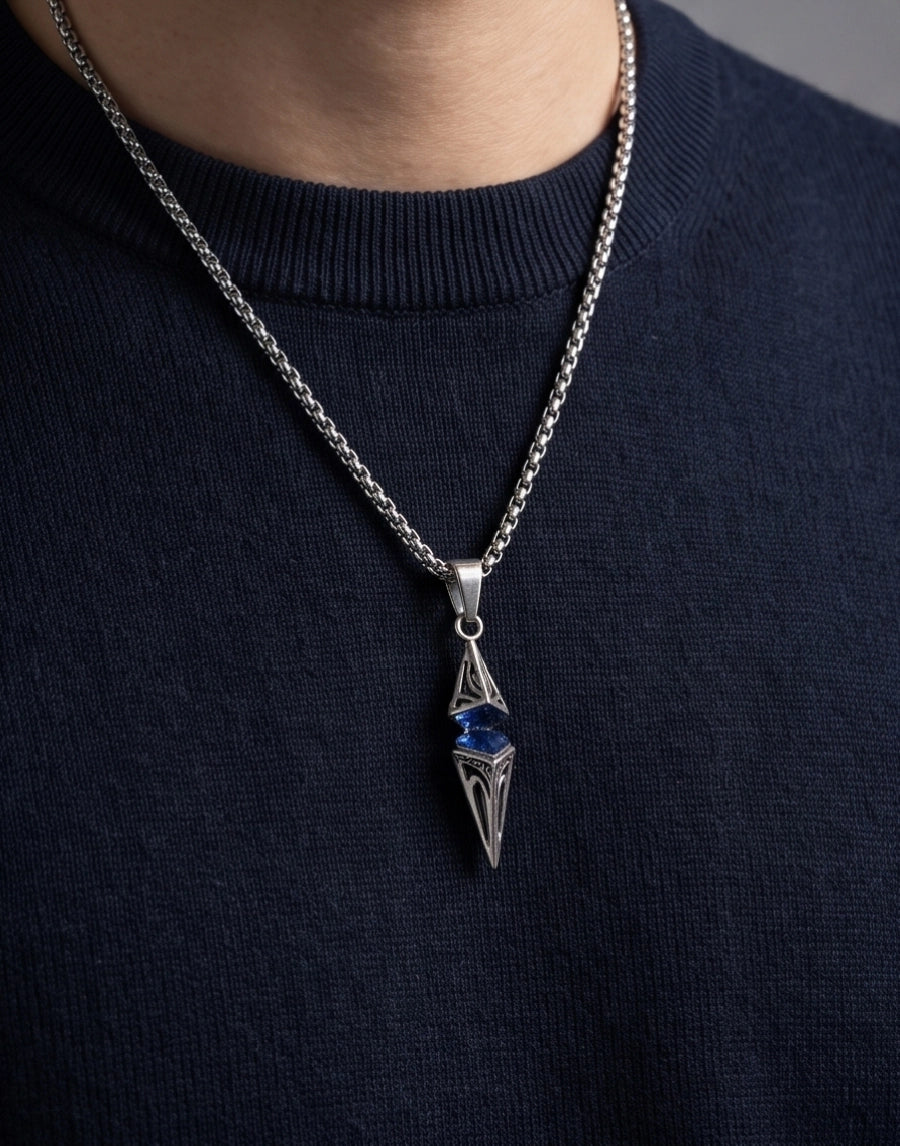Silver Sapphire Pointed Pendulum Cage Pendant Necklace