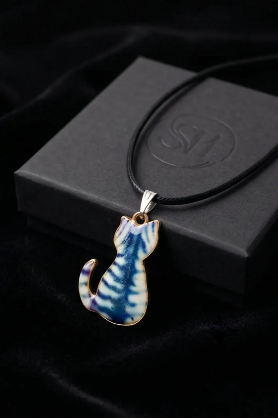 Artistic Blue Watercolor Feline Silhouette Pendant Necklace