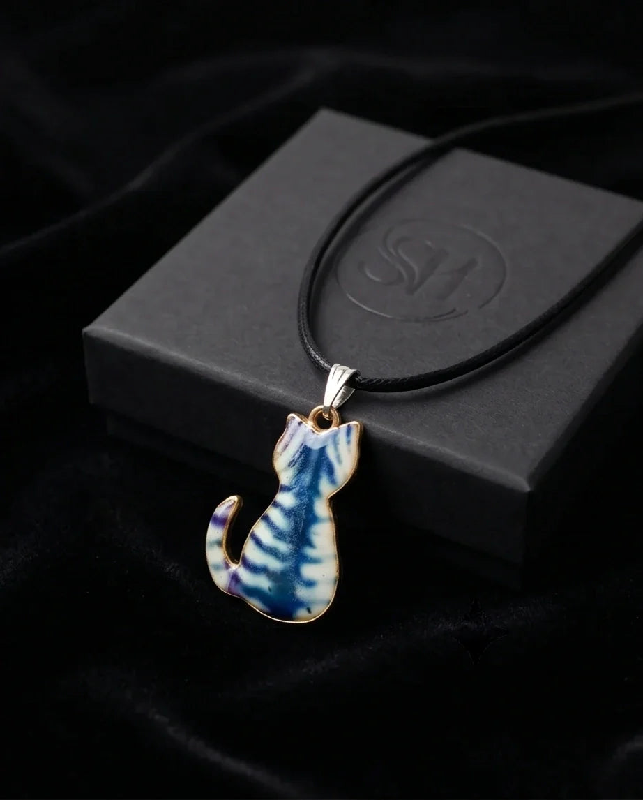 Artistic Blue Watercolor Feline Silhouette Pendant Necklace