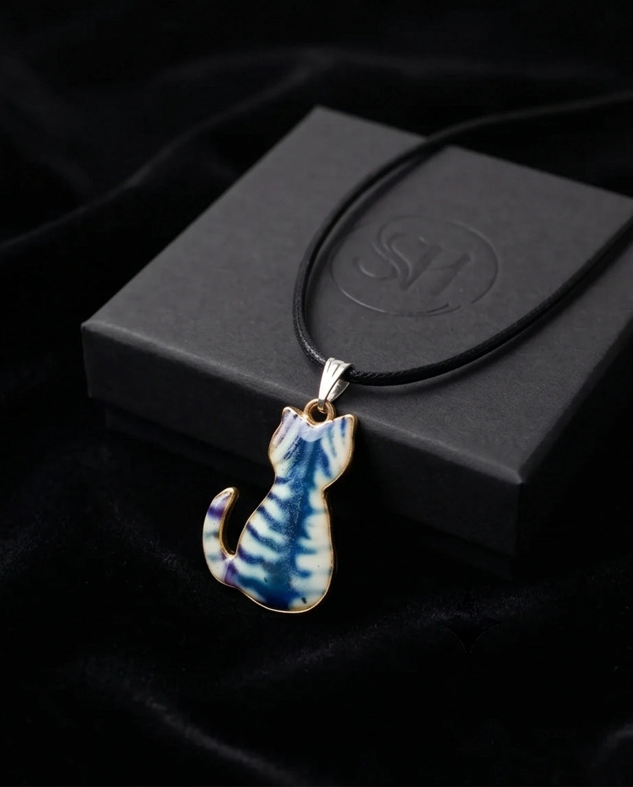 Artistic Blue Watercolor Feline Silhouette Pendant Necklace
