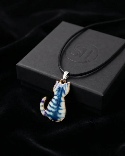Artistic Blue Watercolor Feline Silhouette Pendant Necklace