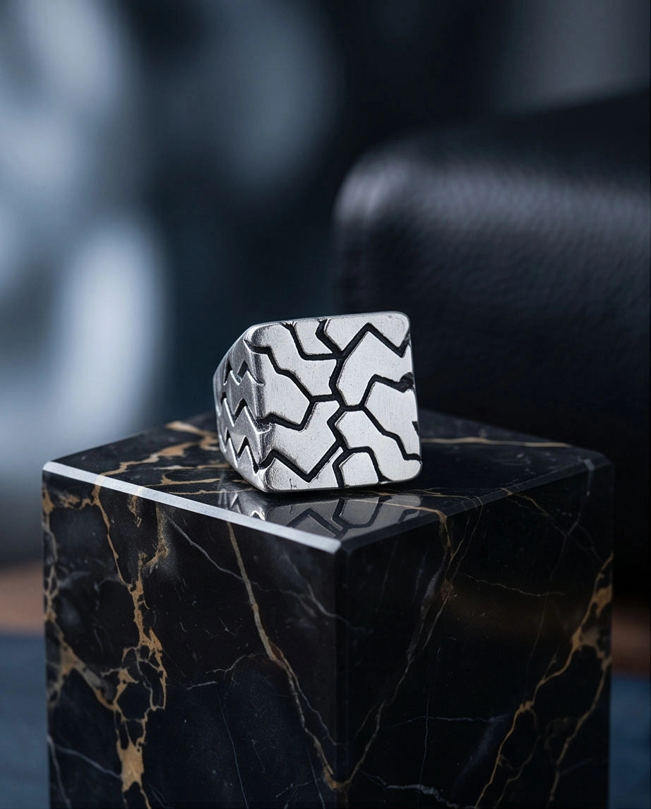 Matte Silver Geometric Mosaic Signet Ring