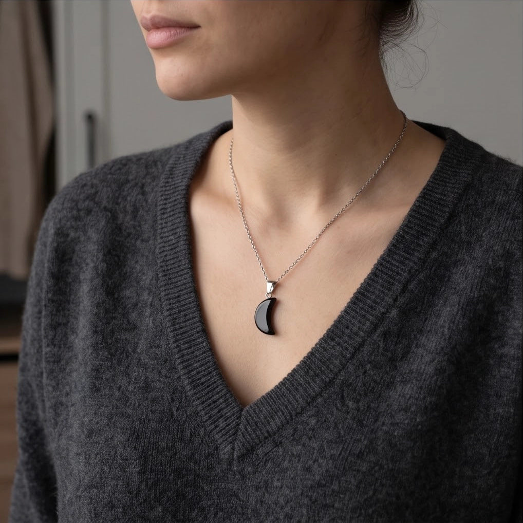 Silver Black Obsidian Crescent Moon Pendant Necklace