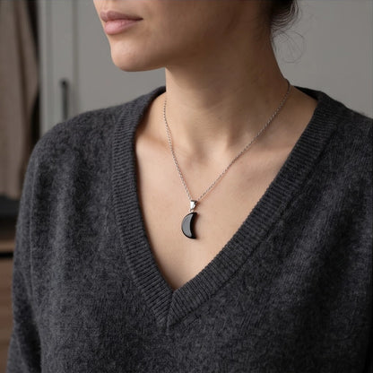 Silver Black Obsidian Crescent Moon Pendant Necklace