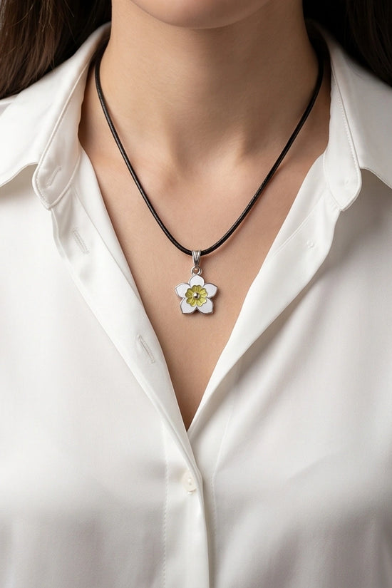 Charming White and Yellow Floral Enamel Pendant Necklace