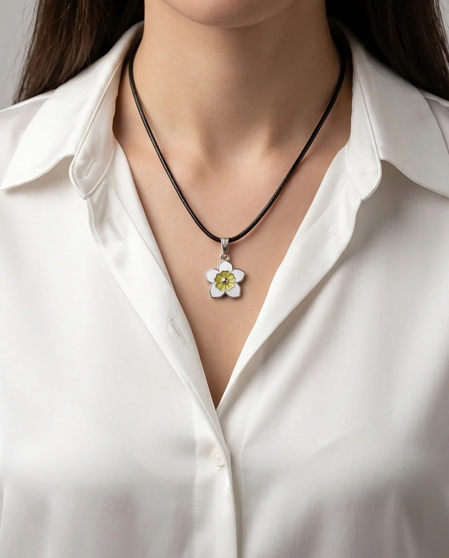 Charming White and Yellow Floral Enamel Pendant Necklace