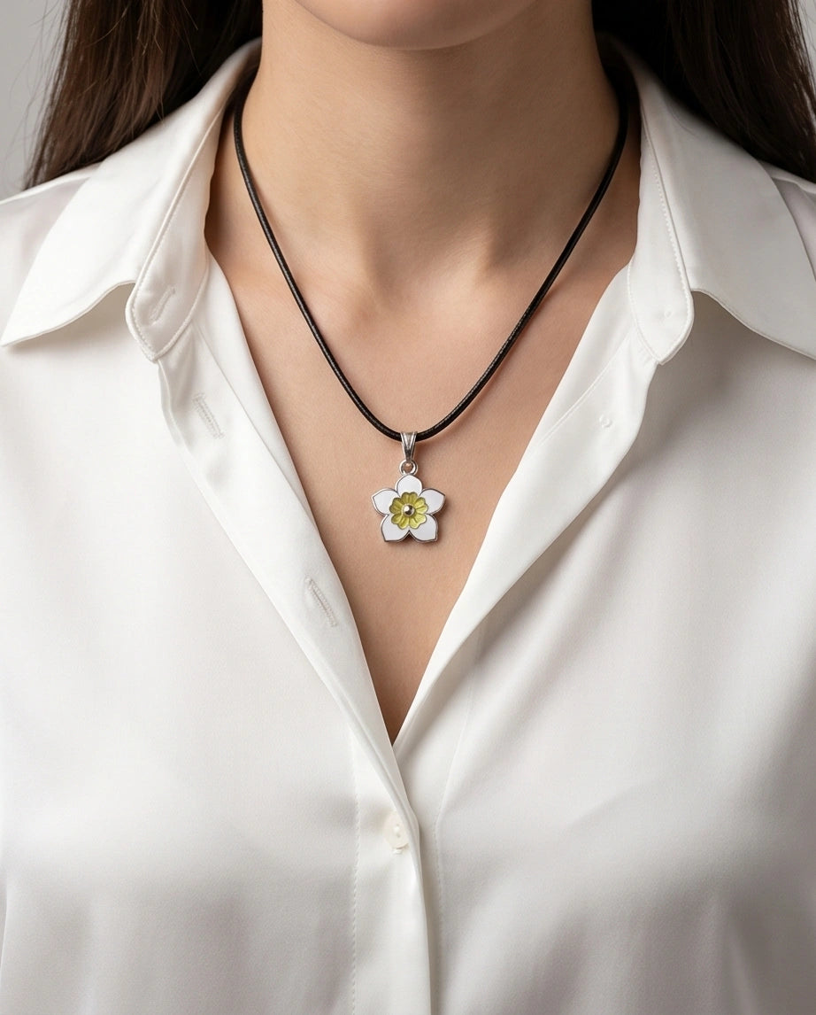 Charming White and Yellow Floral Enamel Pendant Necklace