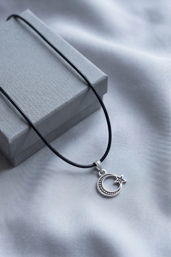 The Celestial Path: Matte Silver Crescent Moon & Star Pendant Necklace