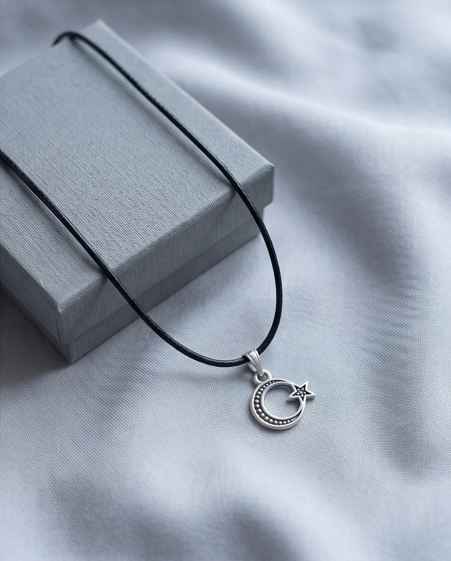 The Celestial Path: Matte Silver Crescent Moon & Star Pendant Necklace