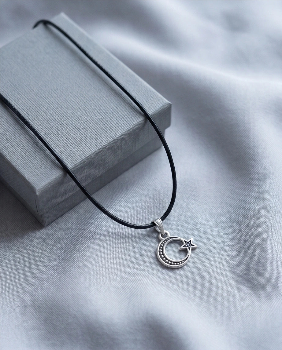 The Celestial Path: Matte Silver Crescent Moon & Star Pendant Necklace
