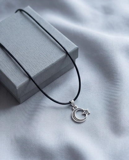 The Celestial Path: Matte Silver Crescent Moon & Star Pendant Necklace