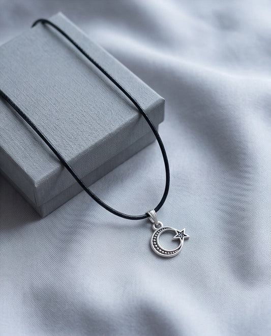 The Celestial Path: Matte Silver Crescent Moon & Star Pendant Necklace