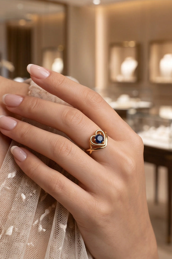 14K Gold Sapphire Heart-Shaped Openwork Ring