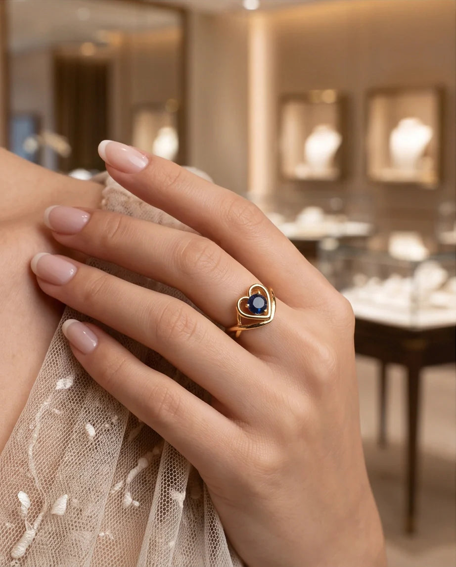 Gold Sapphire Heart-Shaped Openwork Ring