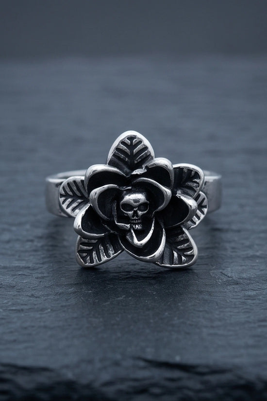 Gothic Sterling Silver Skull Rose Ring