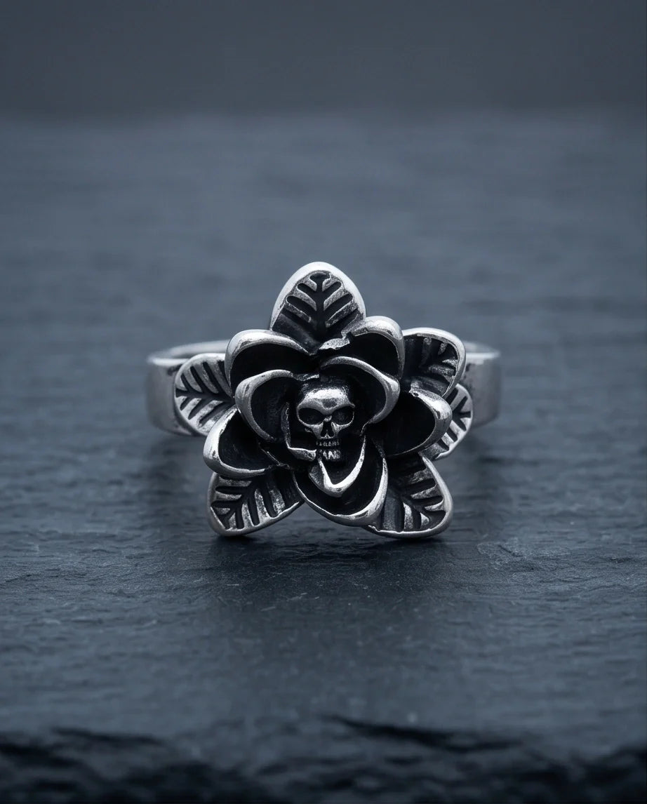 Gothic Sterling Silver Skull Rose Ring
