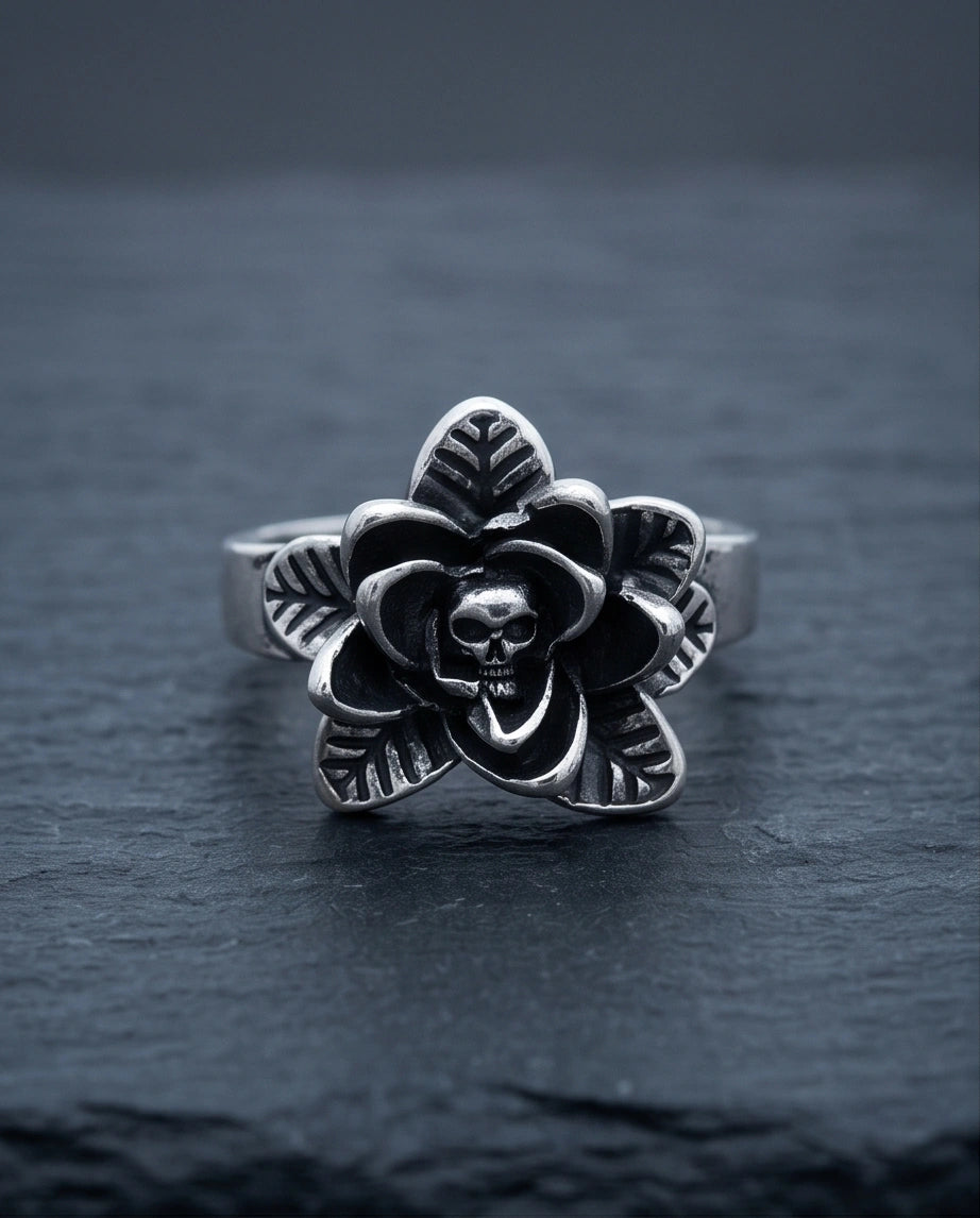 Gothic Sterling Silver Skull Rose Ring
