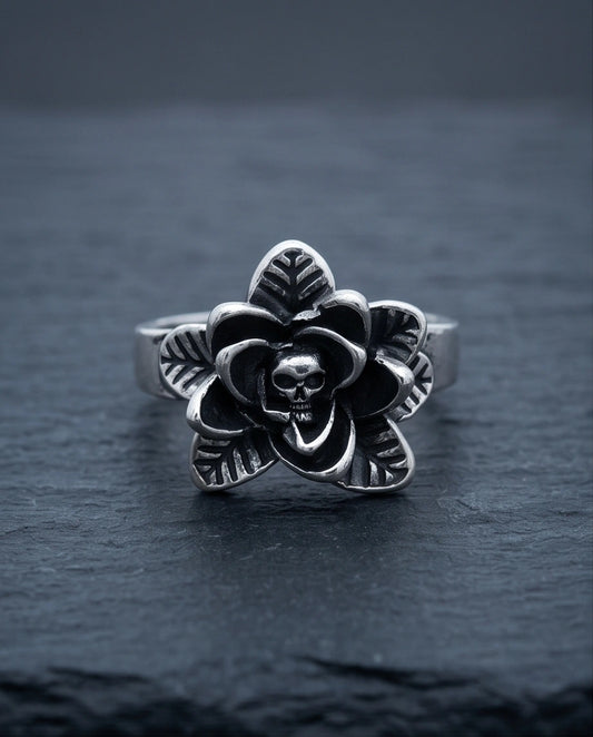 Gothic Sterling Silver Skull Rose Ring