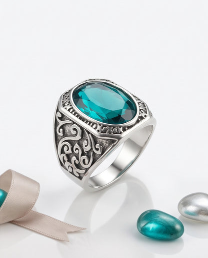 Teal Gemstone Octagonal Bezel Scrollwork Silver Ring