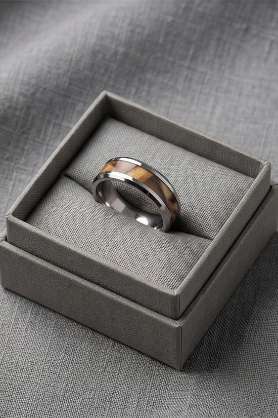 Natural Olive Wood Inlay Silver Band Ring